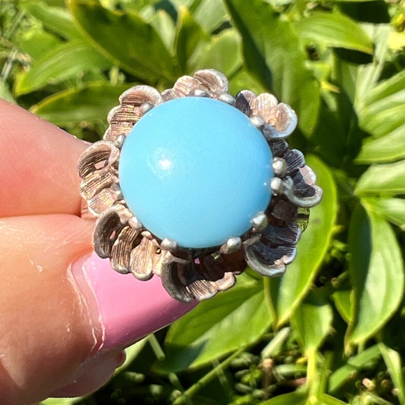 VINTAGE ROBIN EGG TURQUOISE STERLING SLVR RING BUTTER CUP FLOWER SETTING UNIQUE